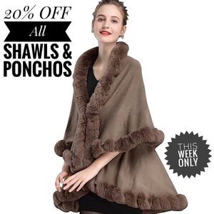 Elegant Faux Fur Trimmed Layered Shawl/Cape Coat